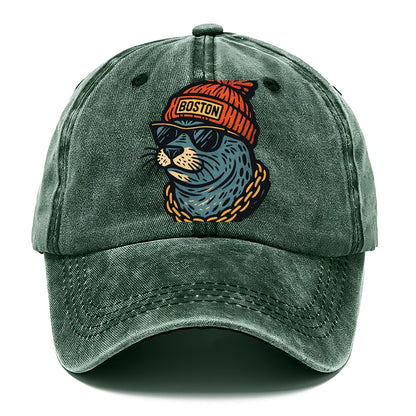 Boston Harbor Seal wearing Boston beanie with pom pom and wayfarer sunglasses - Classic Cap - Forest Mist(Green)