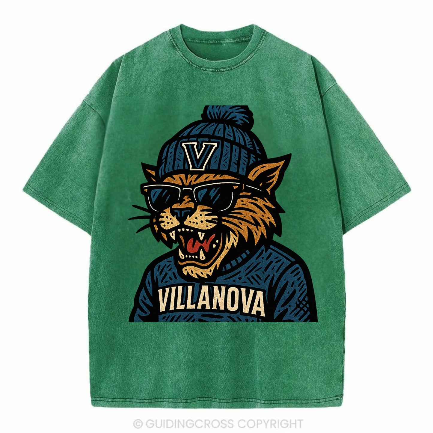 Villanova Wildcat wearing Villanova beanie with V patch - Vintage T-shirt - Forest Mist(Green)