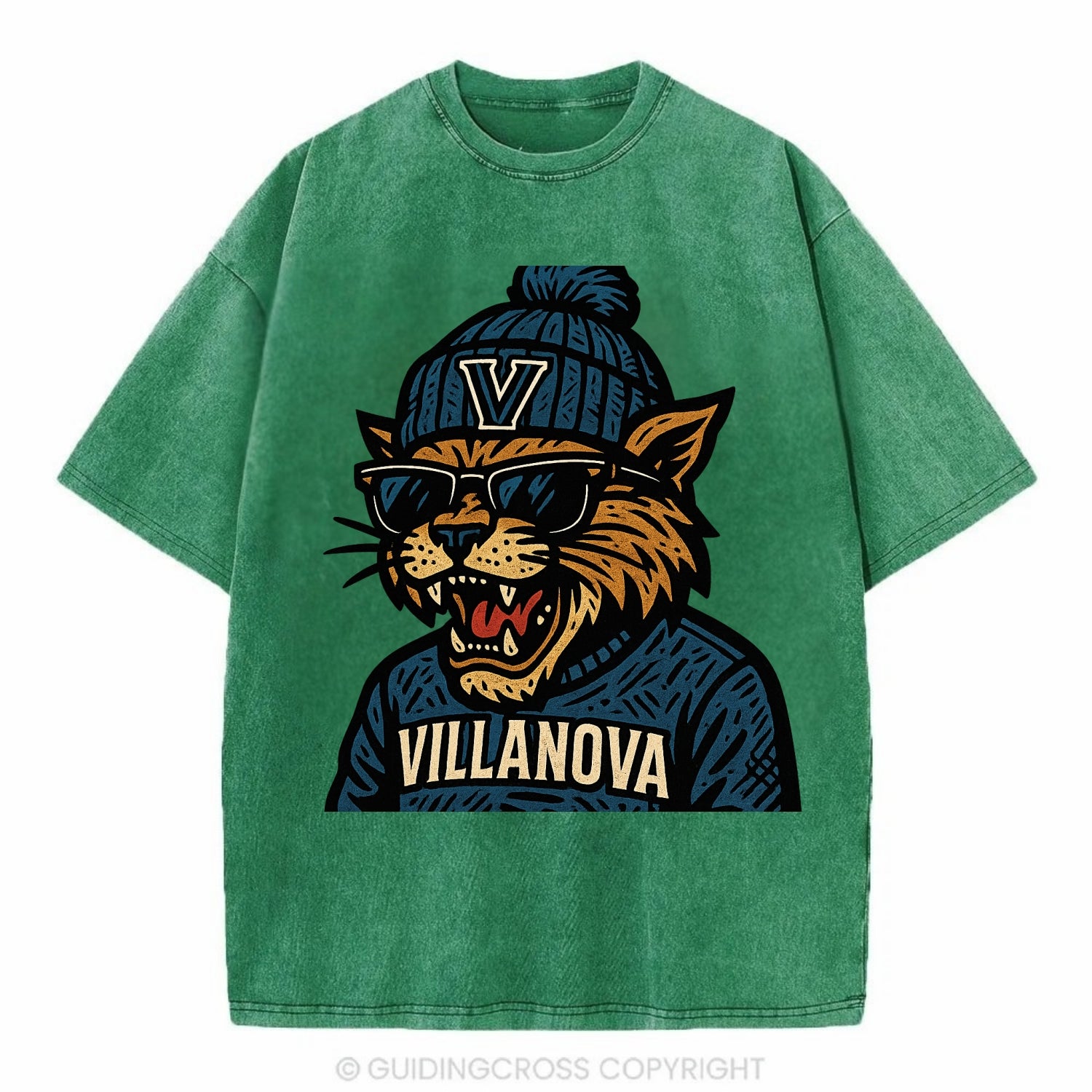 Villanova Wildcat wearing Villanova beanie with V patch - Vintage T-shirt - Forest Mist(Green)