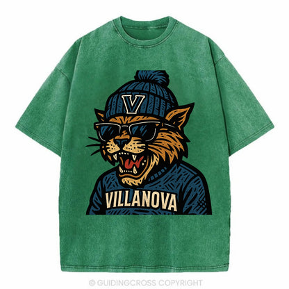 Villanova Wildcat wearing Villanova beanie with V patch - Vintage T-shirt - Forest Mist(Green)
