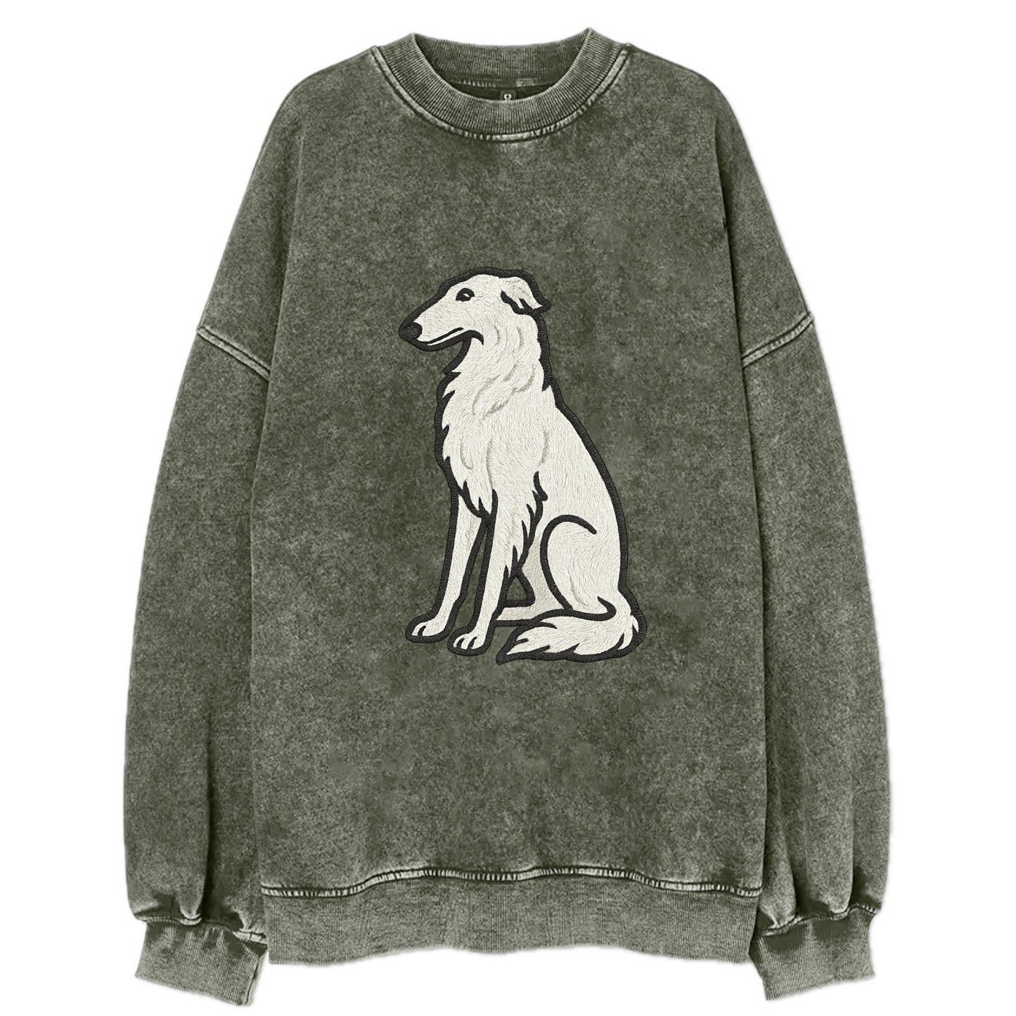 Borzoi - White embroidered sitting pose - Vintage Sweatshirt - Forest Mist(Green)