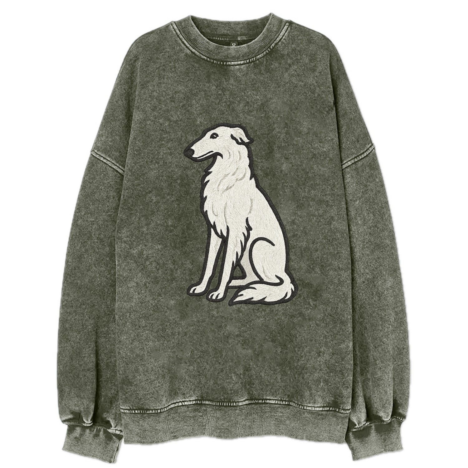 Borzoi - White embroidered sitting pose - Vintage Sweatshirt - Forest Mist(Green)