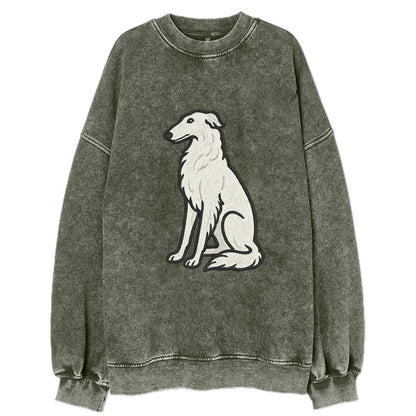 Borzoi - White embroidered sitting pose - Vintage Sweatshirt - Forest Mist(Green)