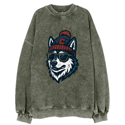Storrs Husky wearing UConn beanie with C patch - Vintage Sweatshirt - Forest Mist(Green)