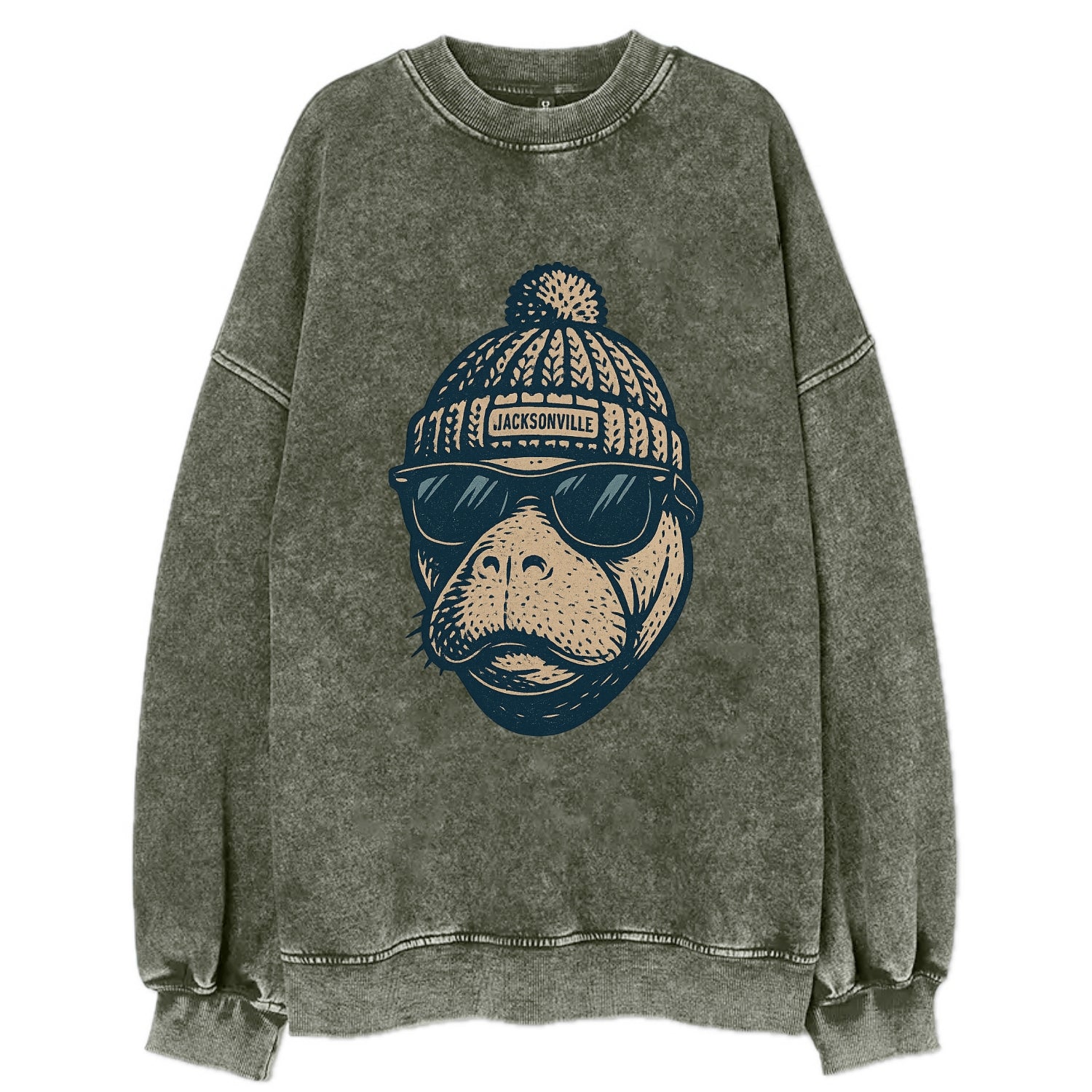 Jacksonville Manatee wearing Jacksonville beanie with pom pom and wayfarer - Vintage Sweatshirt - Forest Mist(Green)