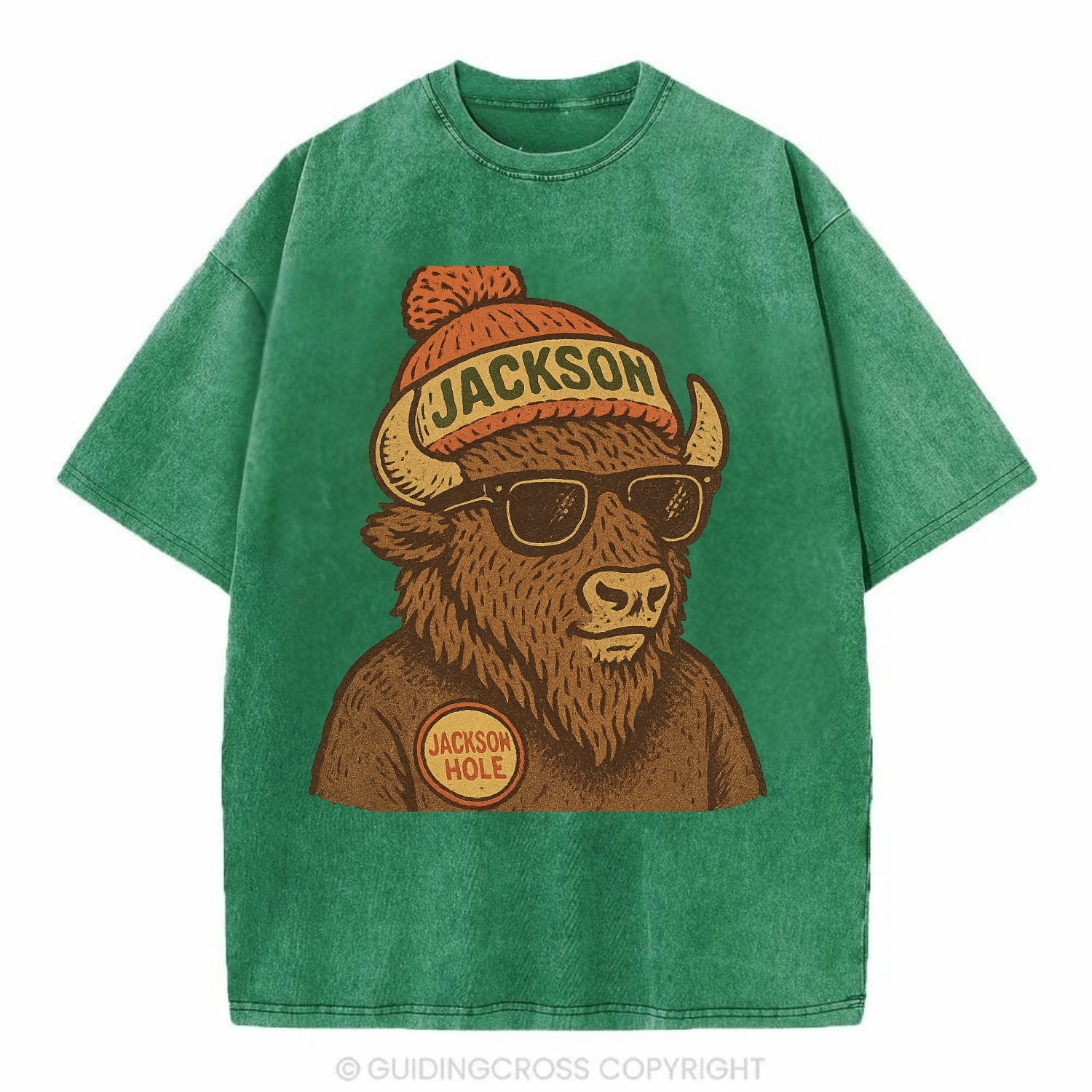 Jackson Hole Bison wearing Jackson beanie with pom pom and wayfarer sunglasses - Vintage T-shirt - Forest Mist(Green)