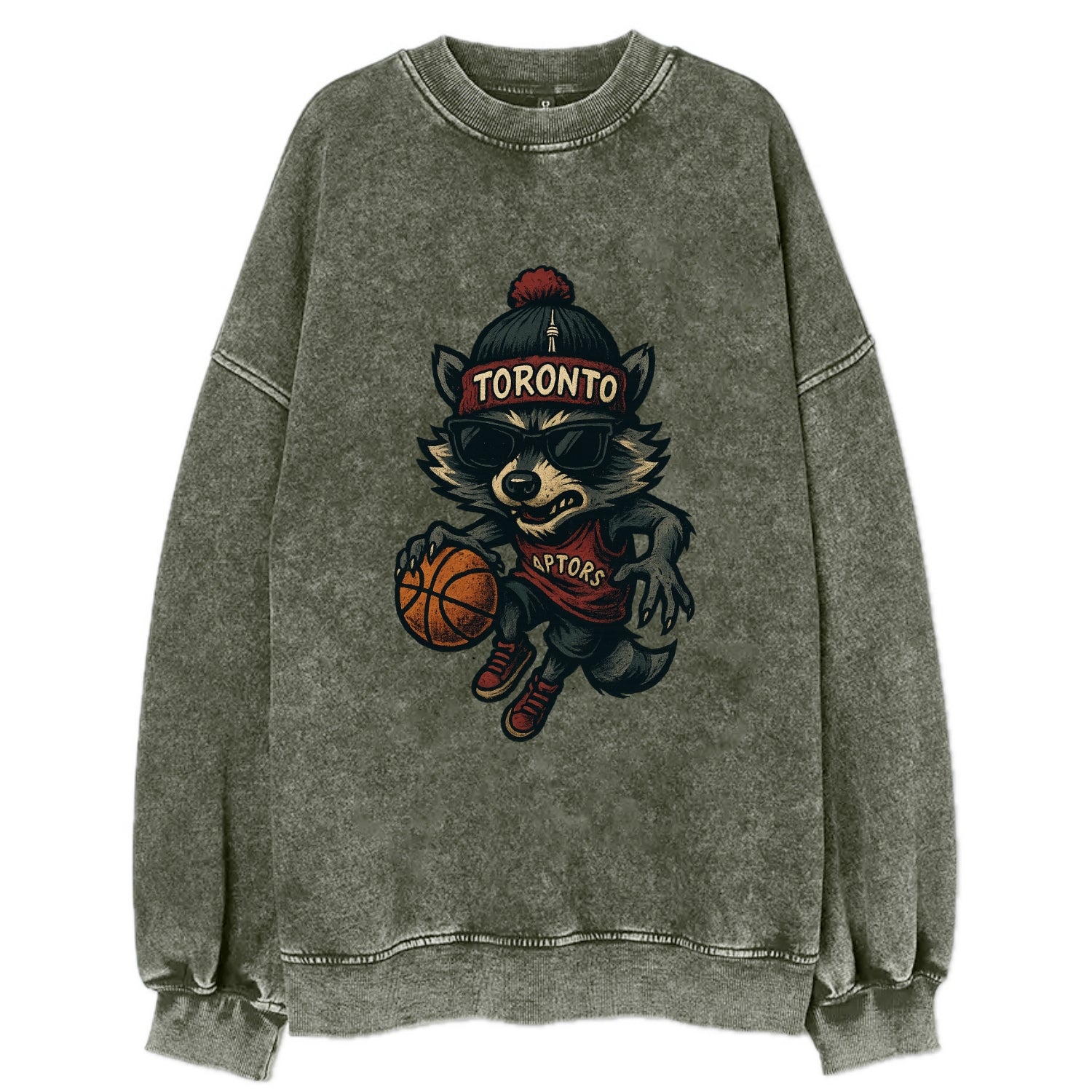 Toronto Raccoon wearing Raptors beanie with CN Tower patch and wayfarer - Vintage Sweatshirt - Forest Mist(Green)