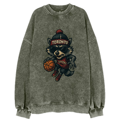 Toronto Raccoon wearing Raptors beanie with CN Tower patch and wayfarer - Vintage Sweatshirt - Forest Mist(Green)