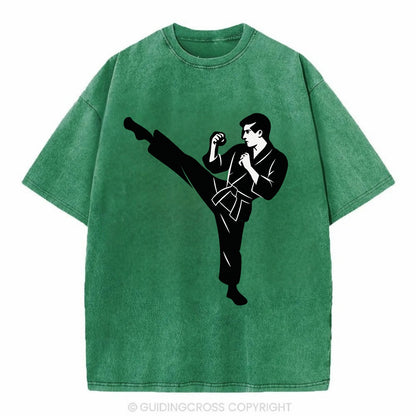 Martial artist performing a high kick - Vintage T-shirt - Forest Mist(Green)