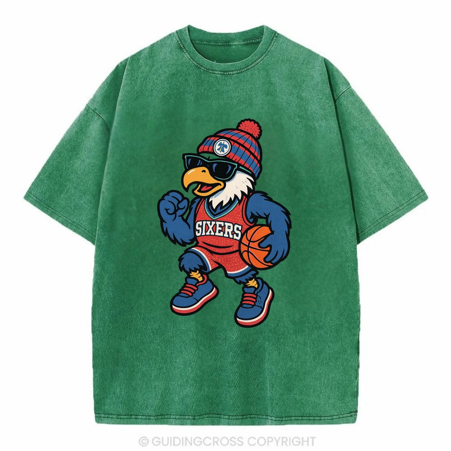 Philadelphia Eagle wearing 76ers red white and blue beanie with bell patch and - Vintage T-shirt - Forest Mist(Green)