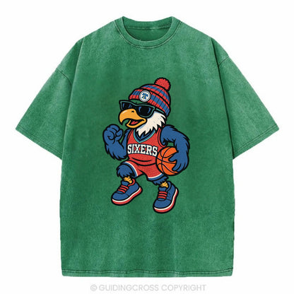 Philadelphia Eagle wearing 76ers red white and blue beanie with bell patch and - Vintage T-shirt - Forest Mist(Green)