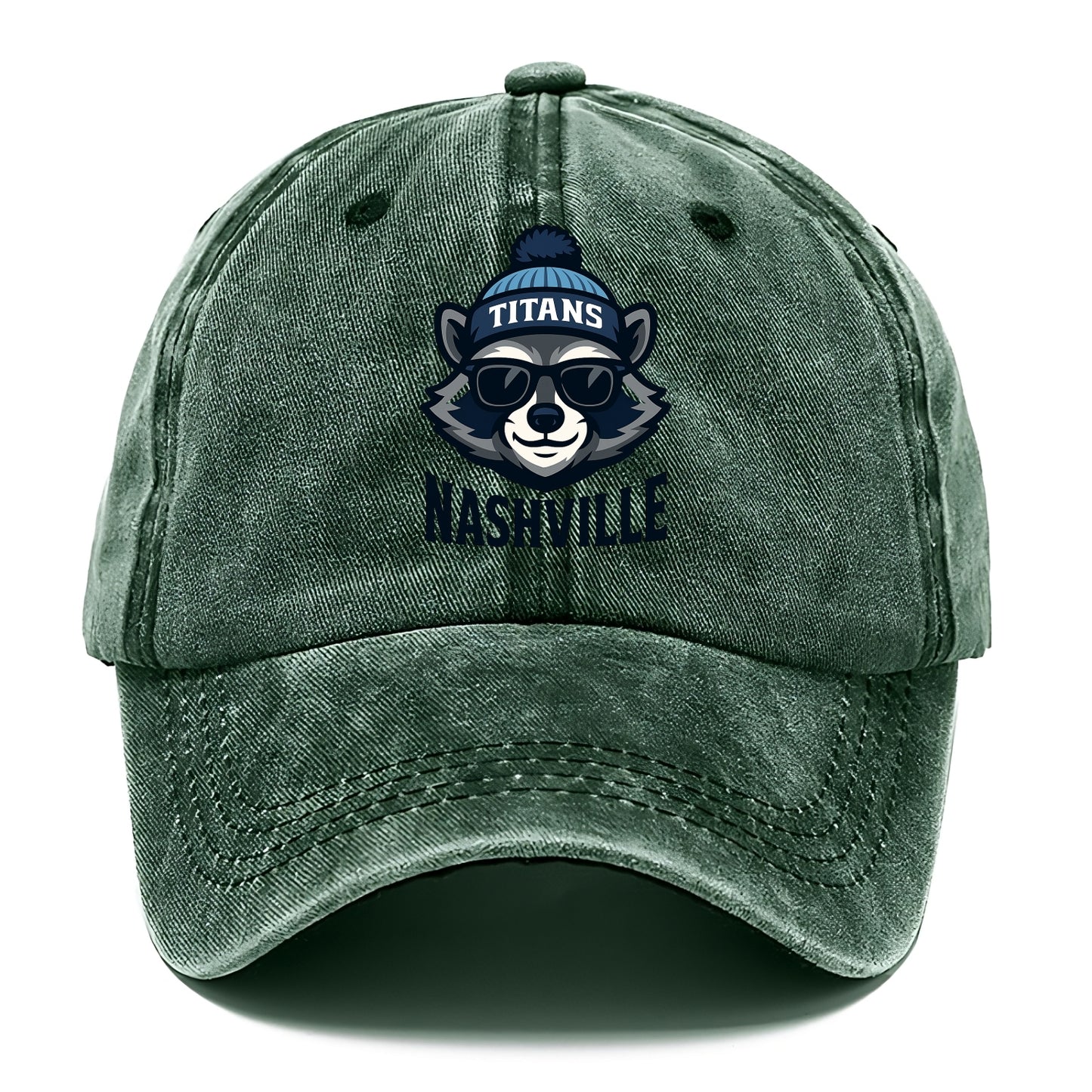 Nashville Raccoon wearing Titans navy and light blue beanie with pom pom and wayfarer - Classic Cap - Forest Mist(Green)