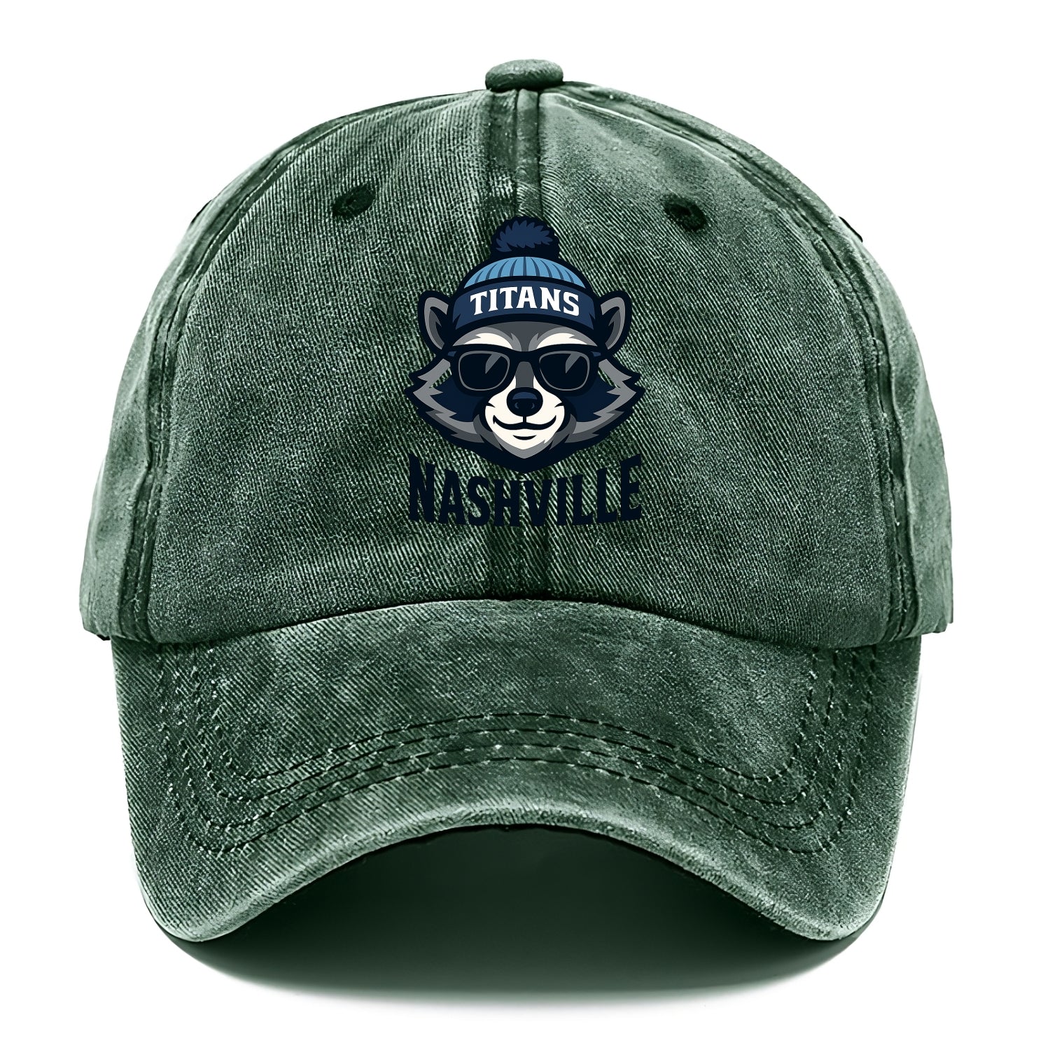 Nashville Raccoon wearing Titans navy and light blue beanie with pom pom and wayfarer - Classic Cap - Forest Mist(Green)