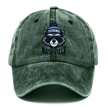 Nashville Raccoon wearing Titans navy and light blue beanie with pom pom and wayfarer - Classic Cap - Forest Mist(Green)
