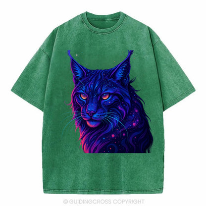 Stealthy lynx with ear tufts forming constellation patterns, nebula spots across - Vintage T-shirt - Forest Mist(Green)