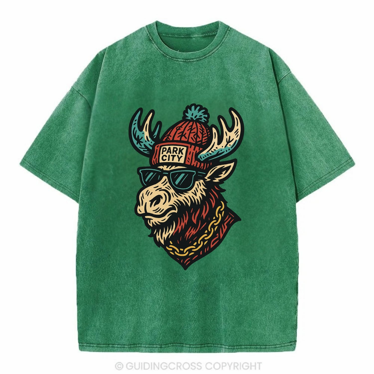 Park City Moose wearing Park City beanie with pom pom and wayfarer sunglasses - Vintage T-shirt - Forest Mist(Green)