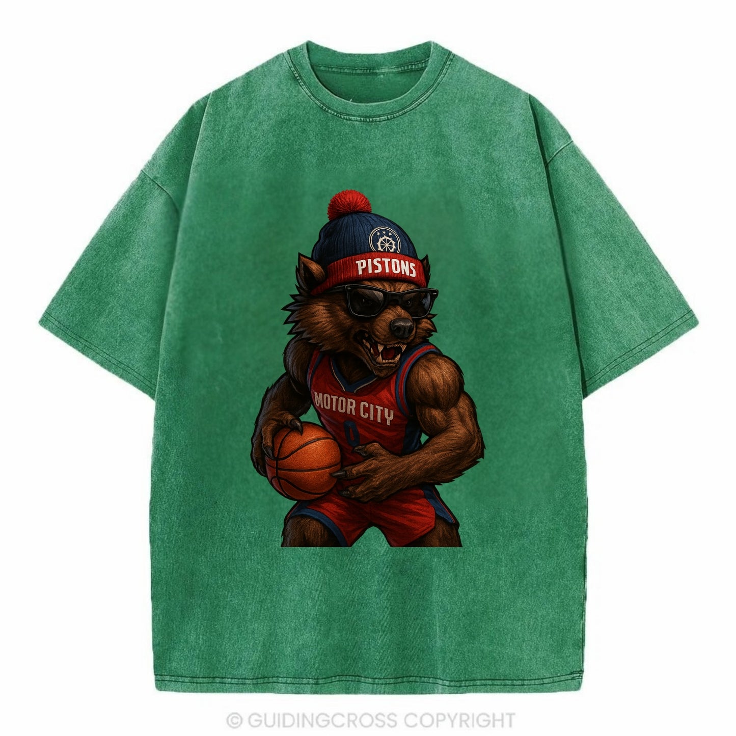 Motor City Wolverine wearing Pistons beanie with gear patch and wayfarer - Vintage T-shirt - Forest Mist(Green)