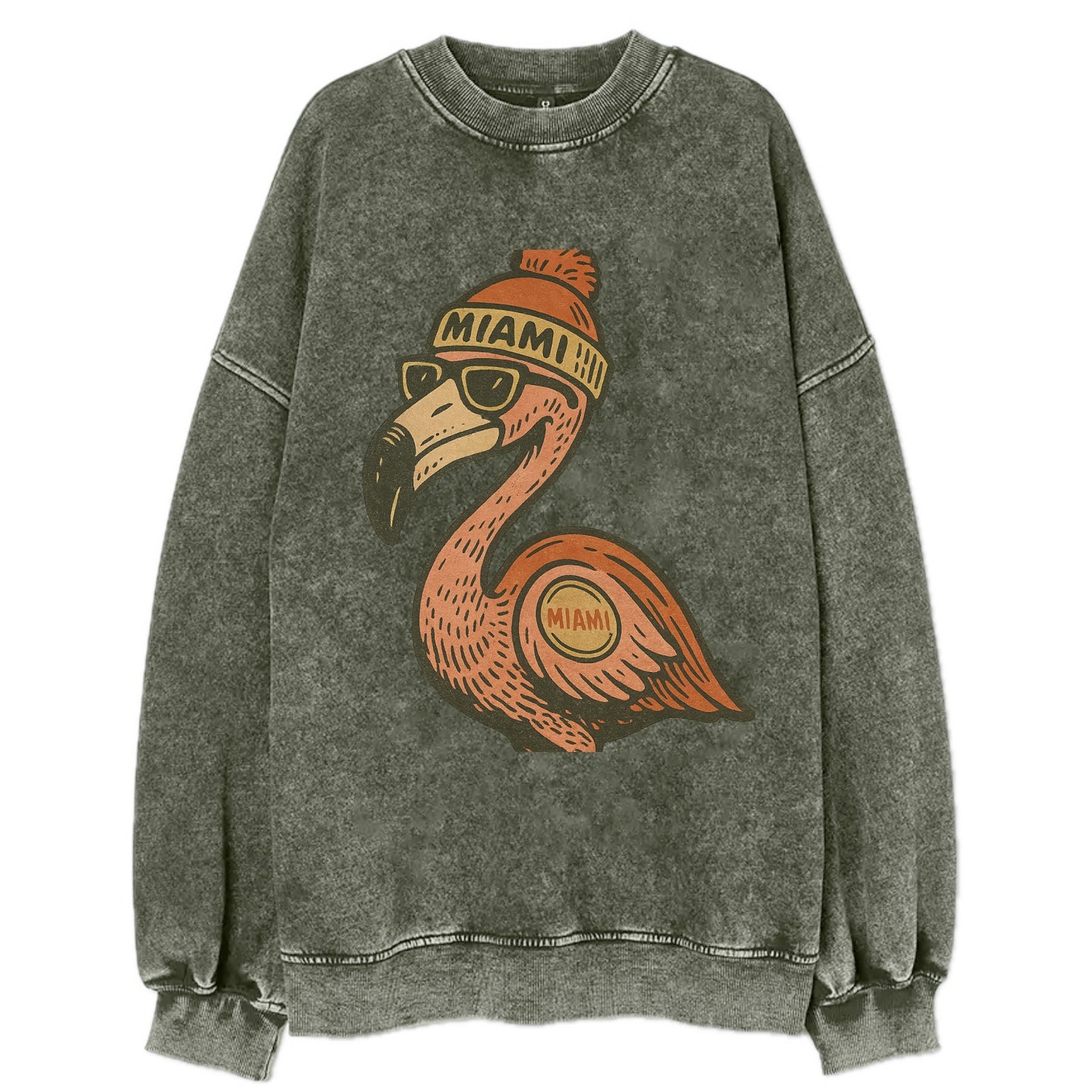 Miami Flamingo wearing Miami beanie with pom pom and wayfarer sunglasses - Vintage Sweatshirt - Forest Mist(Green)