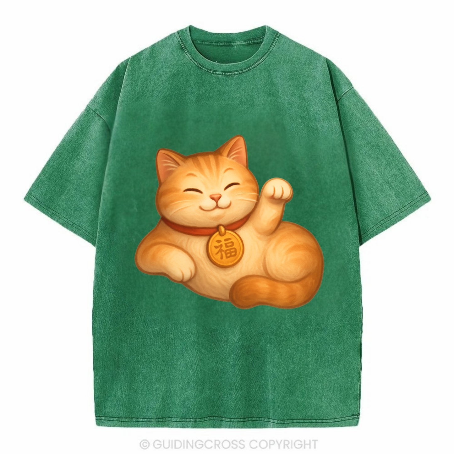 Maneki Neko Pose - Vintage T-shirt - Forest Mist(Green)