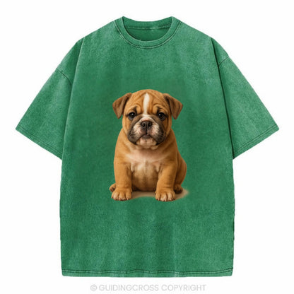 Baby Bulldog Puppy - wrinkly face, underbite, stocky body, gentle eyes, - Vintage T-shirt - Forest Mist(Green)