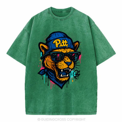 Pittsburgh Panther wearing Pitt beanie with script patch - Vintage T-shirt - Forest Mist(Green)