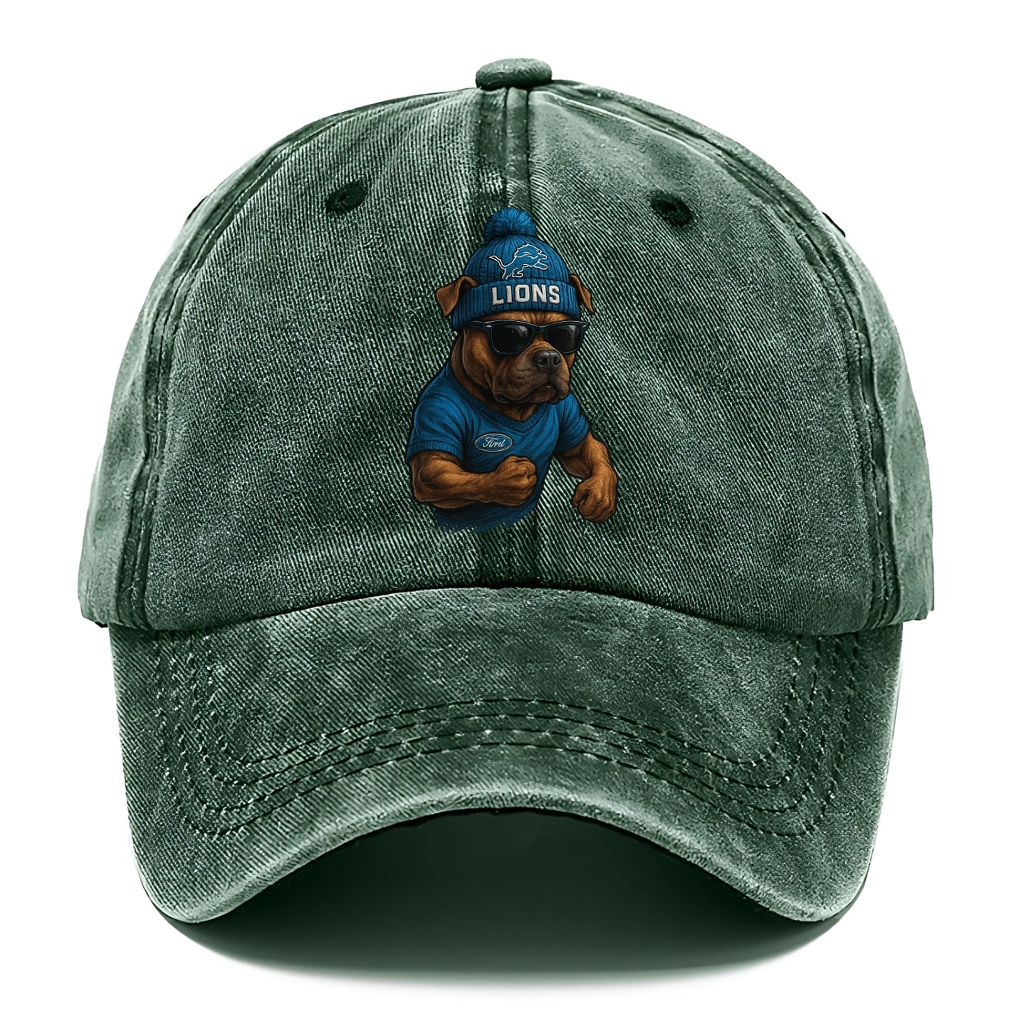 Detroit Pitbull wearing Lions beanie with auto patch and wayfarer sunglasses - Classic Cap - Forest Mist(Green)