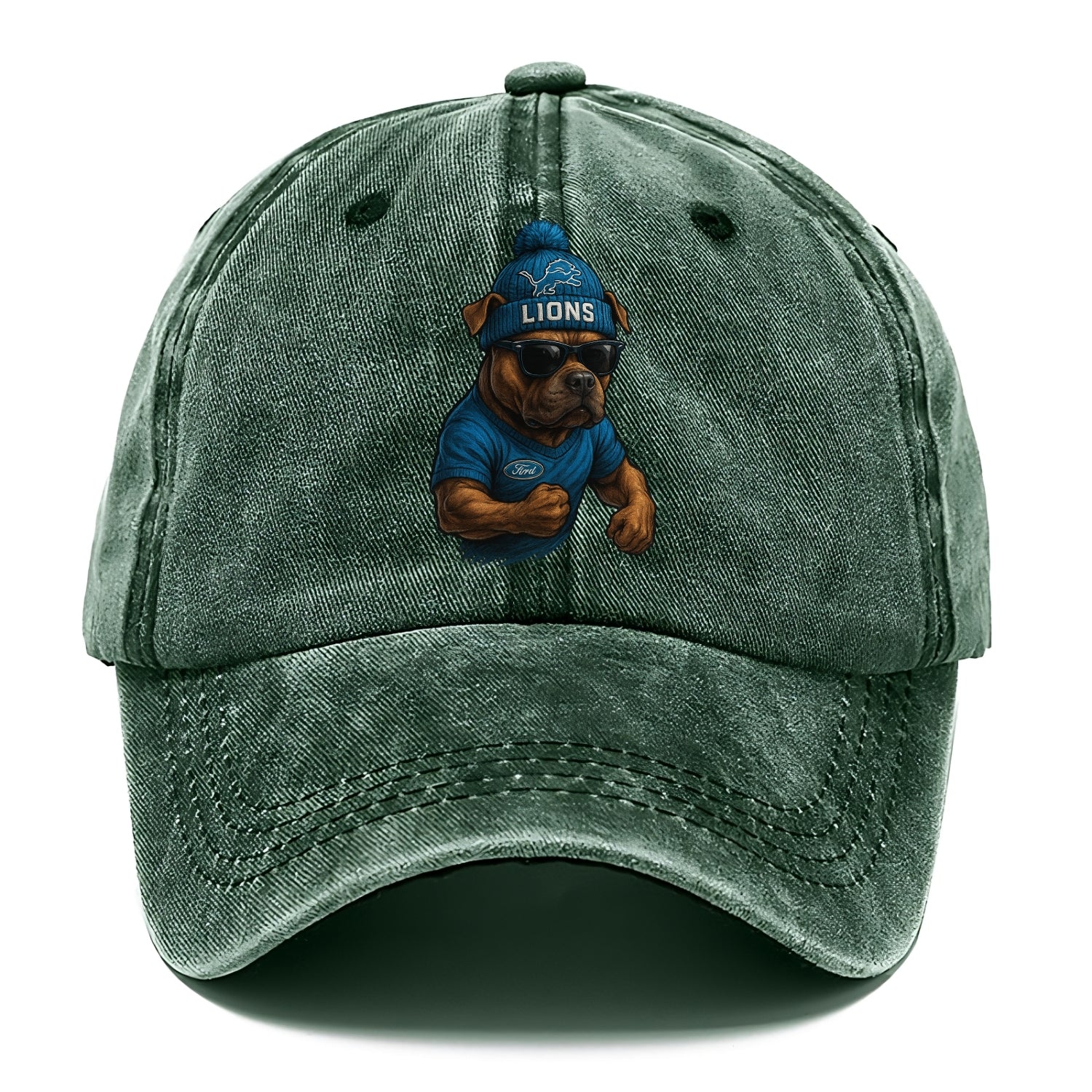 Detroit Pitbull wearing Lions beanie with auto patch and wayfarer sunglasses - Classic Cap - Forest Mist(Green)
