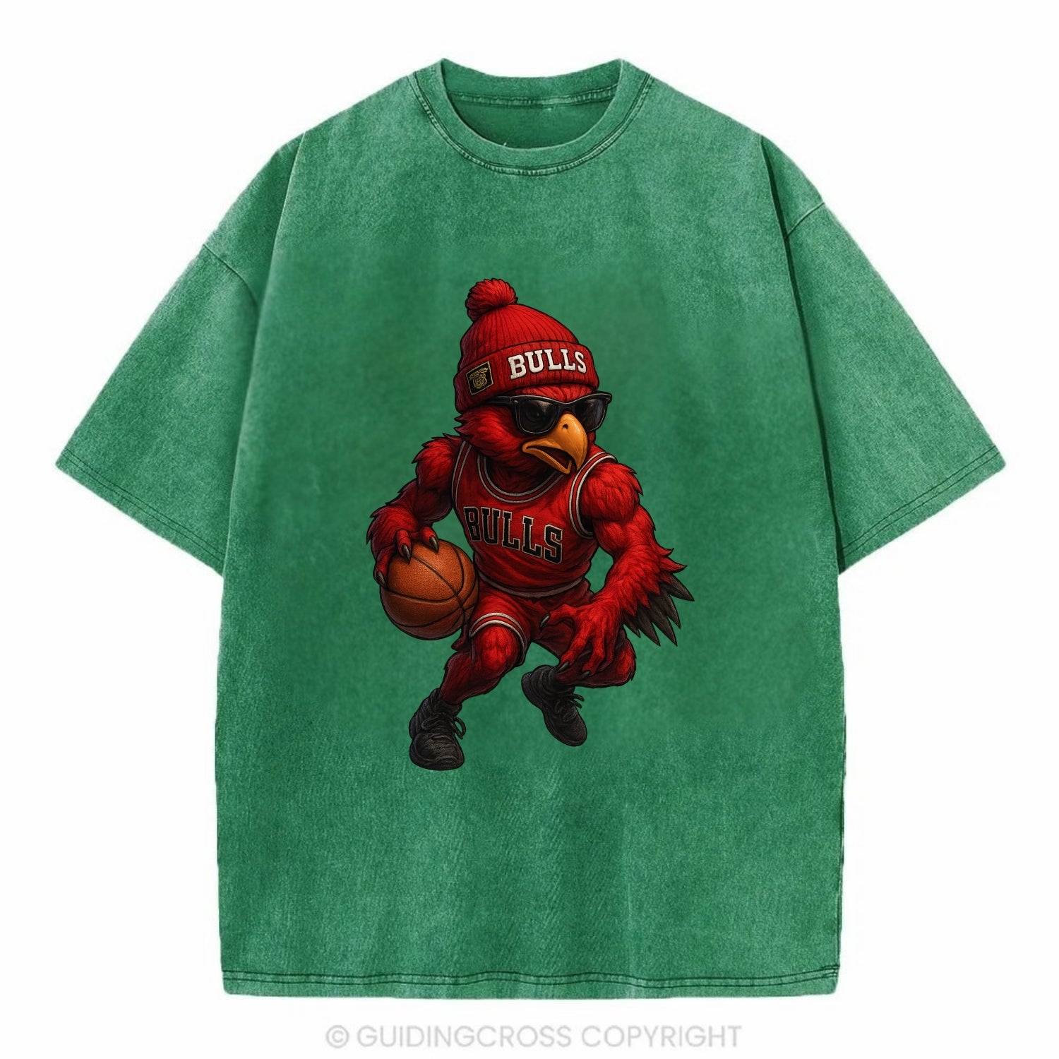Windy City Hawk wearing Bulls beanie with six rings patch and wayfarer sunglasses - Vintage T-shirt - Forest Mist(Green)