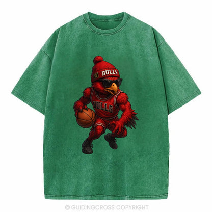 Windy City Hawk wearing Bulls beanie with six rings patch and wayfarer sunglasses - Vintage T-shirt - Forest Mist(Green)
