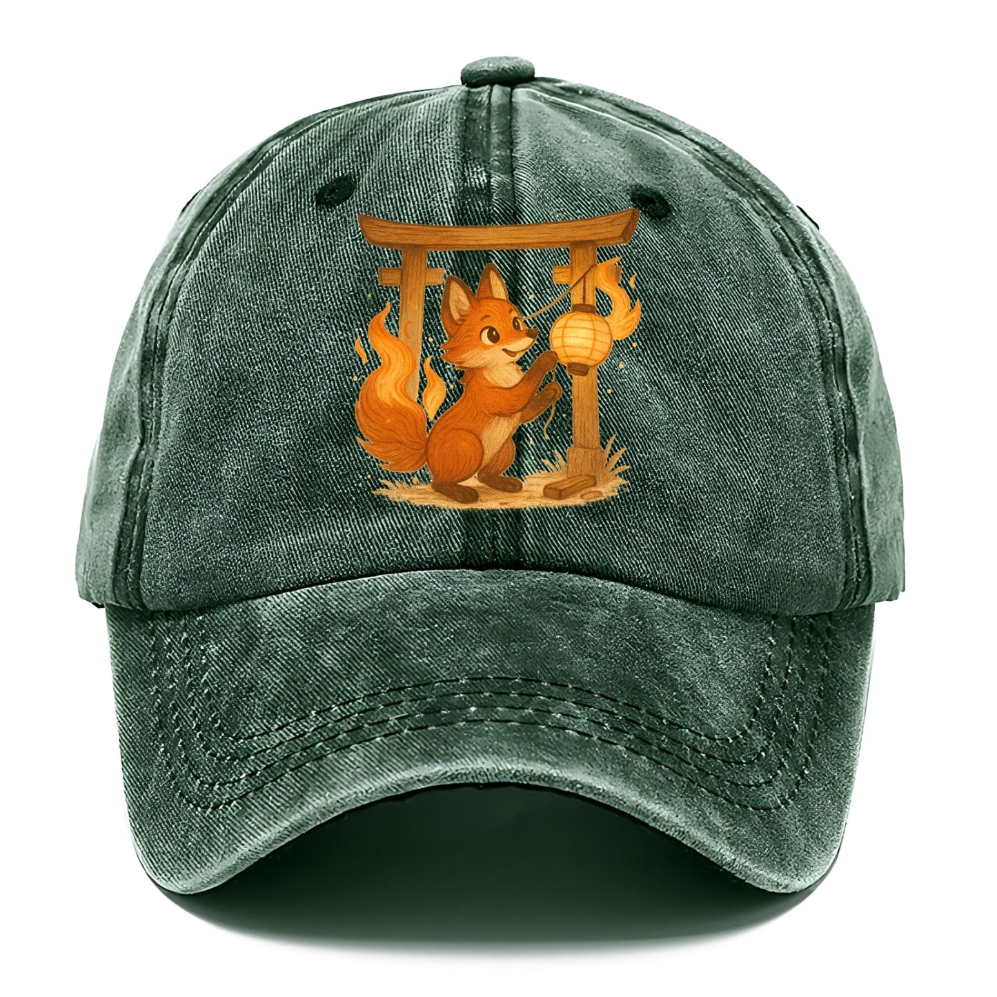 Foxfire kitsune stringing lanterns along a torii gate with tails of living flame - Classic Cap - Forest Mist(Green)