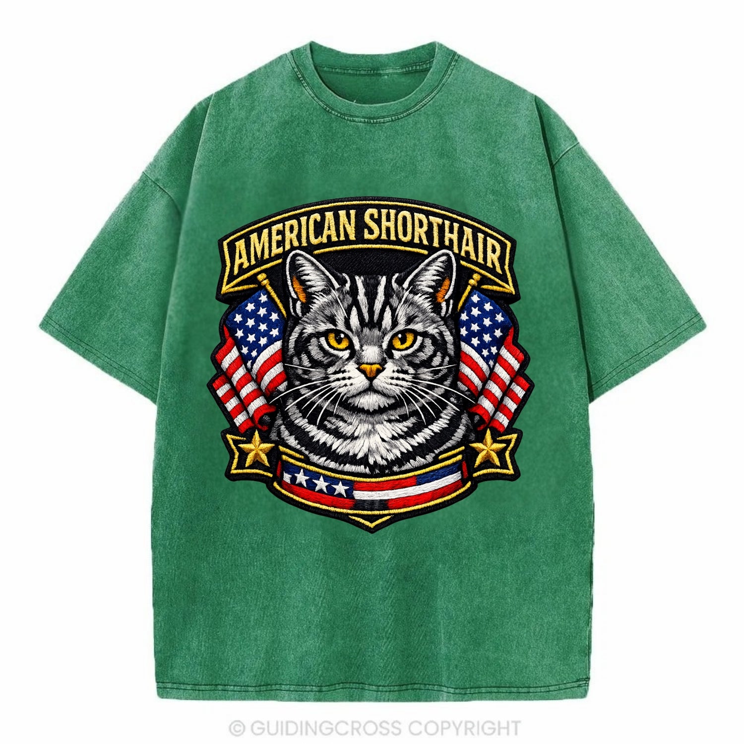 AMERICAN SHORTHAIR - classic american cat in silver tabby , all-American cat - Vintage T-shirt - Forest Mist(Green)
