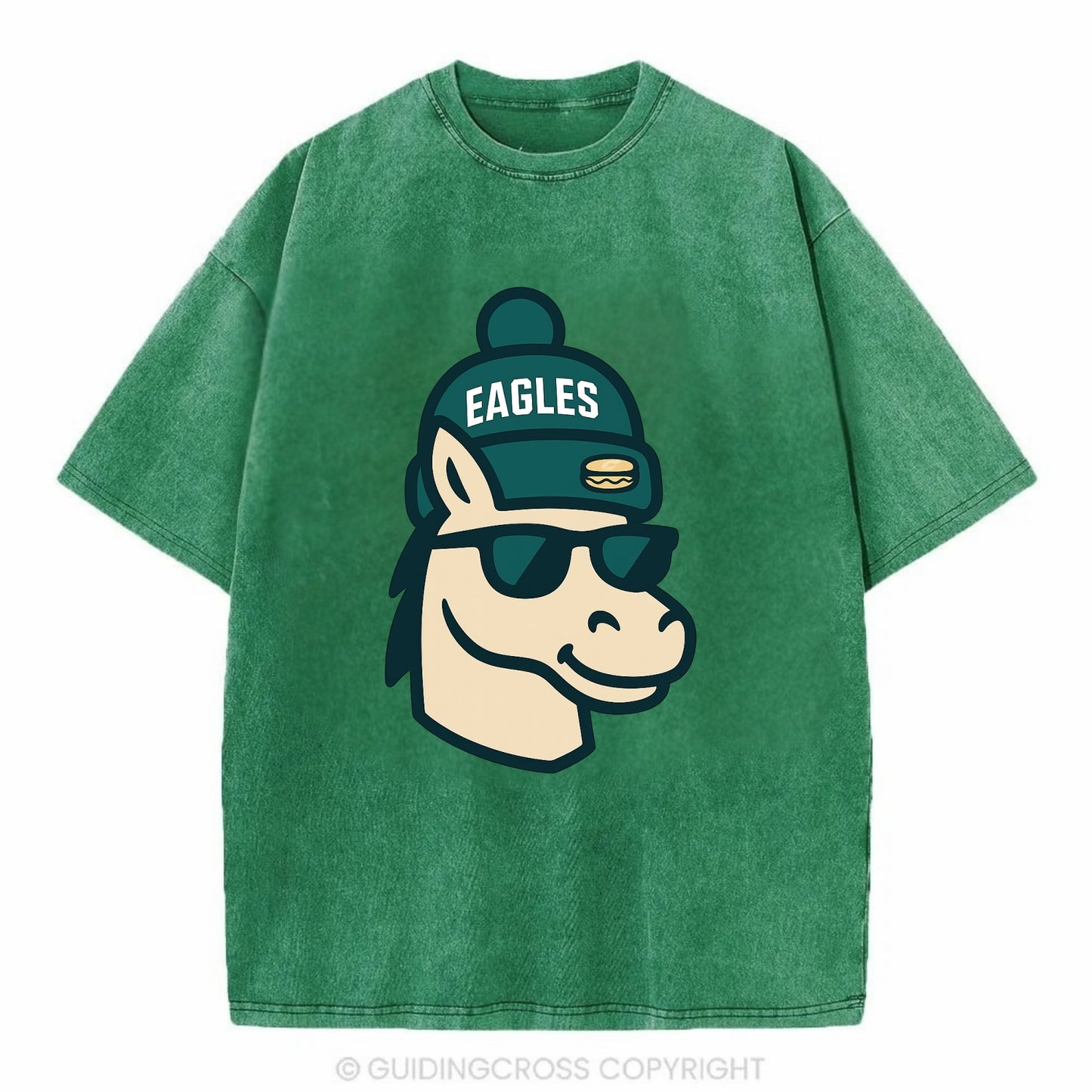 Philadelphia Horse wearing Eagles beanie with cheesesteak patch and wayfarer - Vintage T-shirt - Forest Mist(Green)
