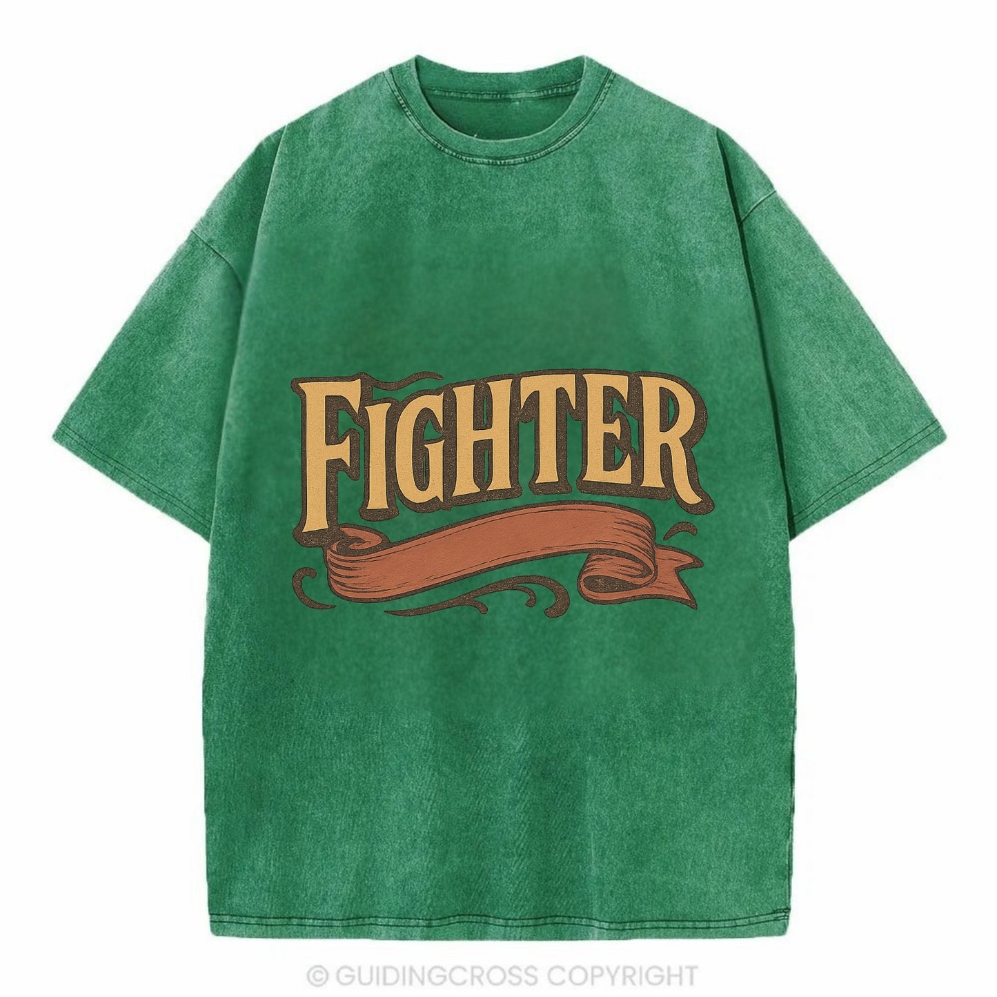 Bold typography design - "FIGHTER" - never giving up, battling on - Vintage T-shirt - Forest Mist(Green)