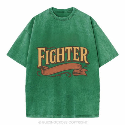 Bold typography design - "FIGHTER" - never giving up, battling on - Vintage T-shirt - Forest Mist(Green)