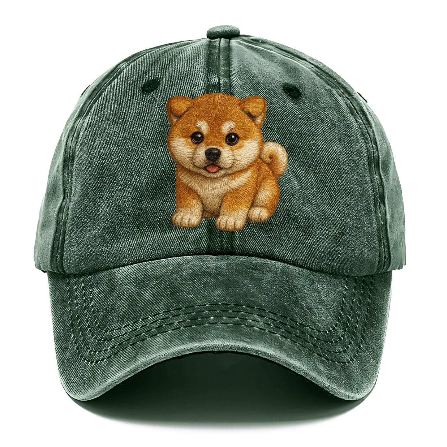 Baby Akita Puppy - fluffy bear-like, curled tail, dignified eyes, front-facing, - Classic Cap - Forest Mist(Green)