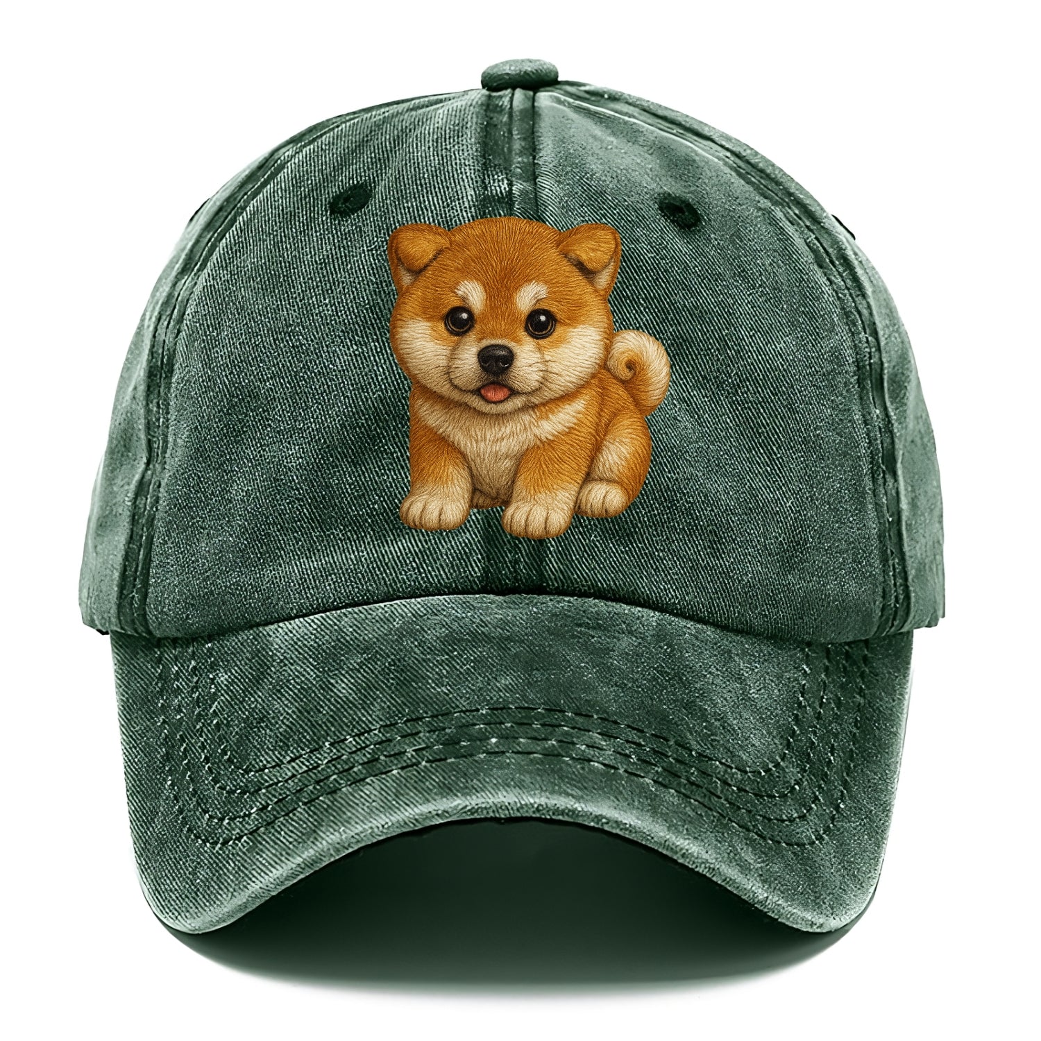 Baby Akita Puppy - fluffy bear-like, curled tail, dignified eyes, front-facing, - Classic Cap - Forest Mist(Green)