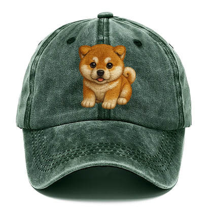 Baby Akita Puppy - fluffy bear-like, curled tail, dignified eyes, front-facing, - Classic Cap - Forest Mist(Green)