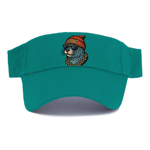 Boston Harbor Seal wearing Boston beanie with pom pom and wayfarer sunglasses - Visor
