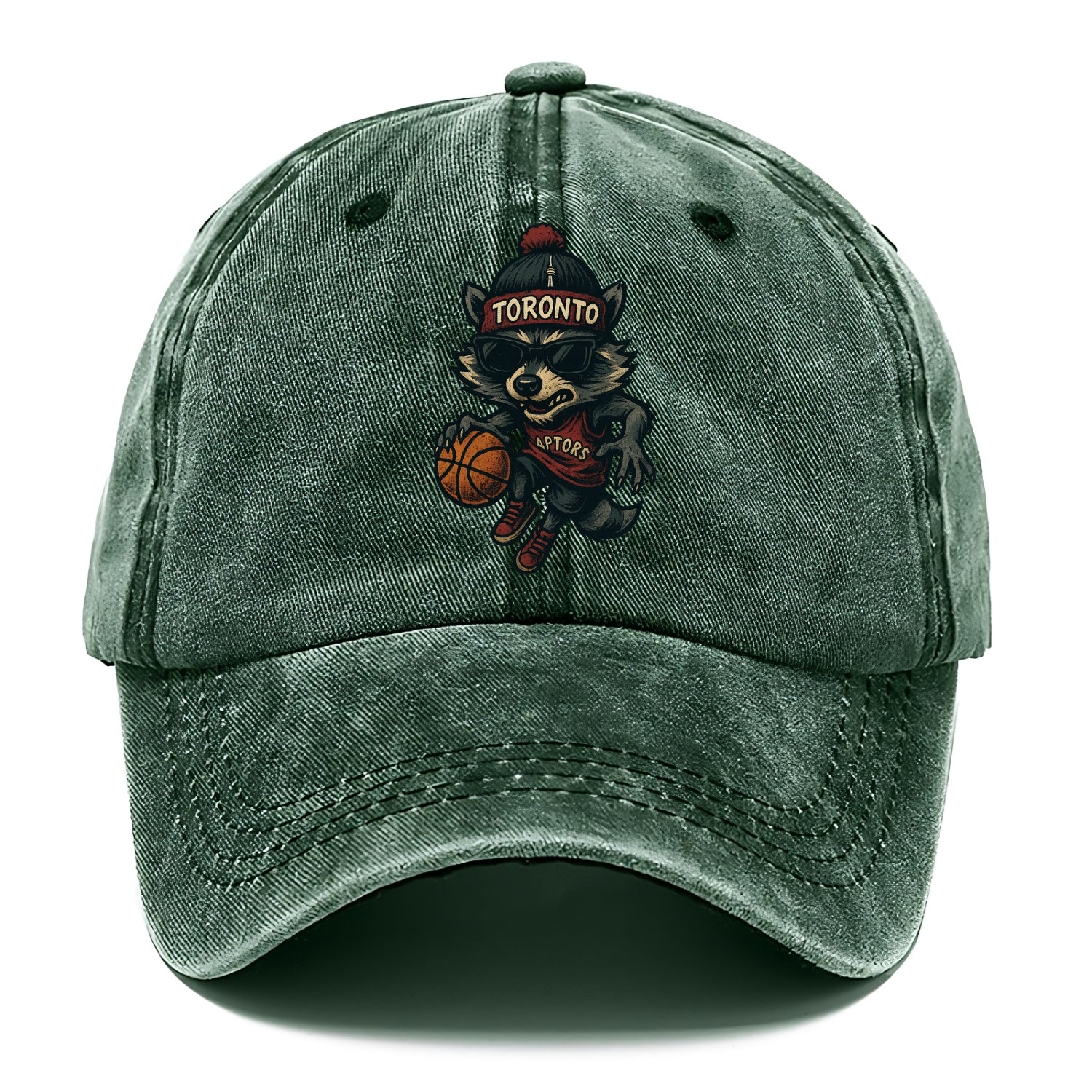Toronto Raccoon wearing Raptors beanie with CN Tower patch and wayfarer sunglasses - Classic Cap - Forest Mist(Green)