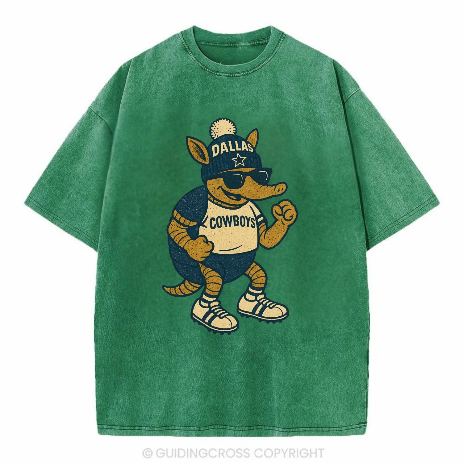 Dallas Armadillo wearing Cowboys beanie with lone star patch and wayfarer - Vintage T-shirt - Forest Mist(Green)