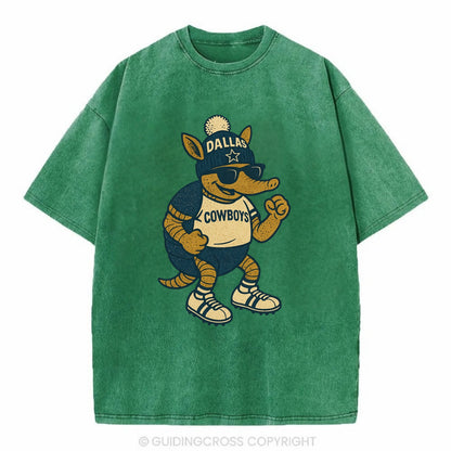 Dallas Armadillo wearing Cowboys beanie with lone star patch and wayfarer - Vintage T-shirt - Forest Mist(Green)