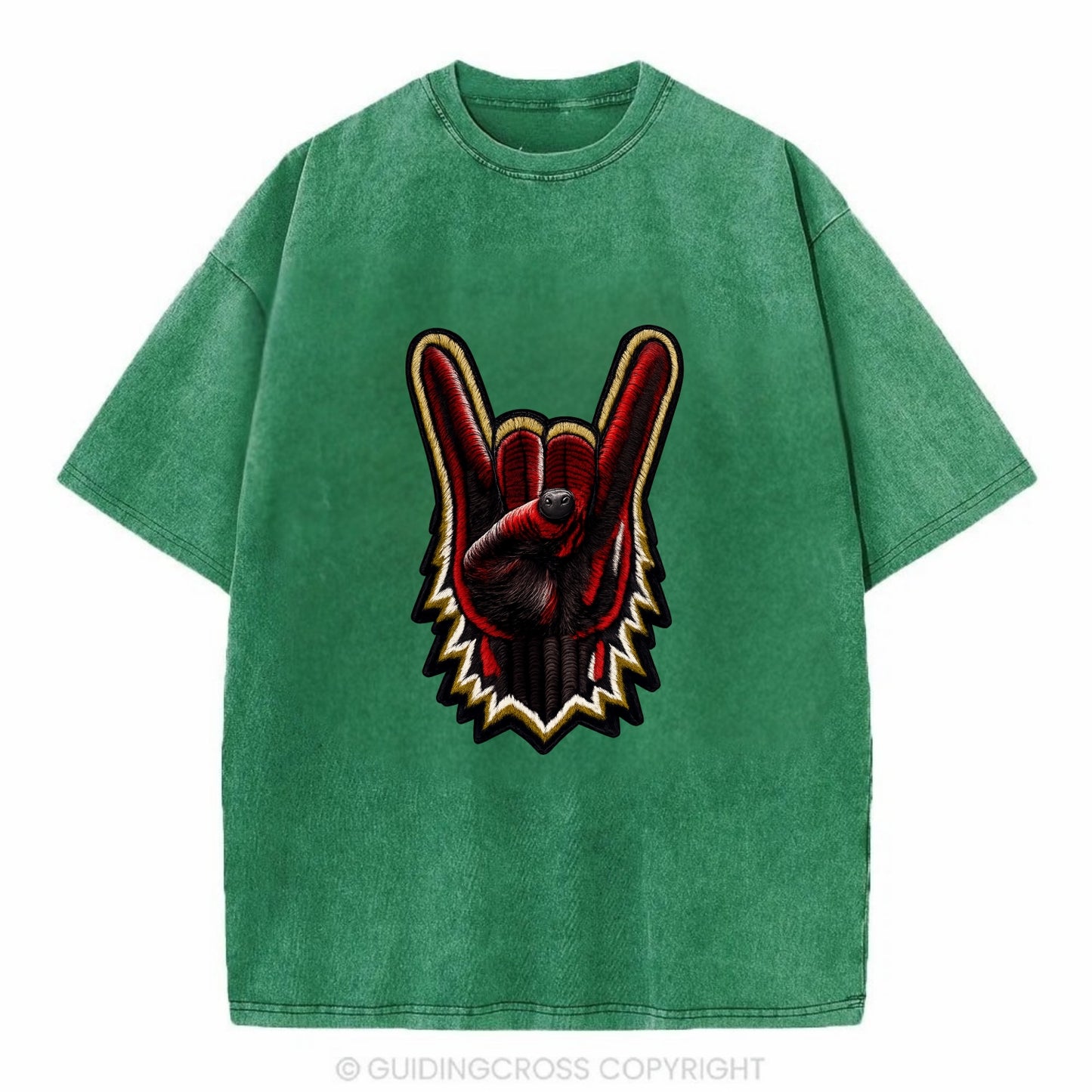 ROCK HAND HORNS - devil horns hand gesture in black and red , metal music - Vintage T-shirt - Forest Mist(Green)