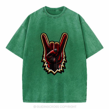 ROCK HAND HORNS - devil horns hand gesture in black and red , metal music - Vintage T-shirt - Forest Mist(Green)