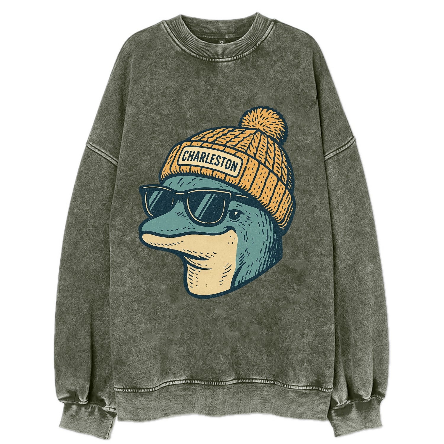 Charleston Dolphin wearing Charleston beanie with pom pom and wayfarer - Vintage Sweatshirt - Forest Mist(Green)