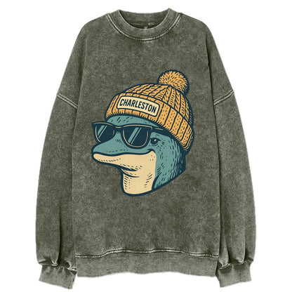 Charleston Dolphin wearing Charleston beanie with pom pom and wayfarer - Vintage Sweatshirt - Forest Mist(Green)
