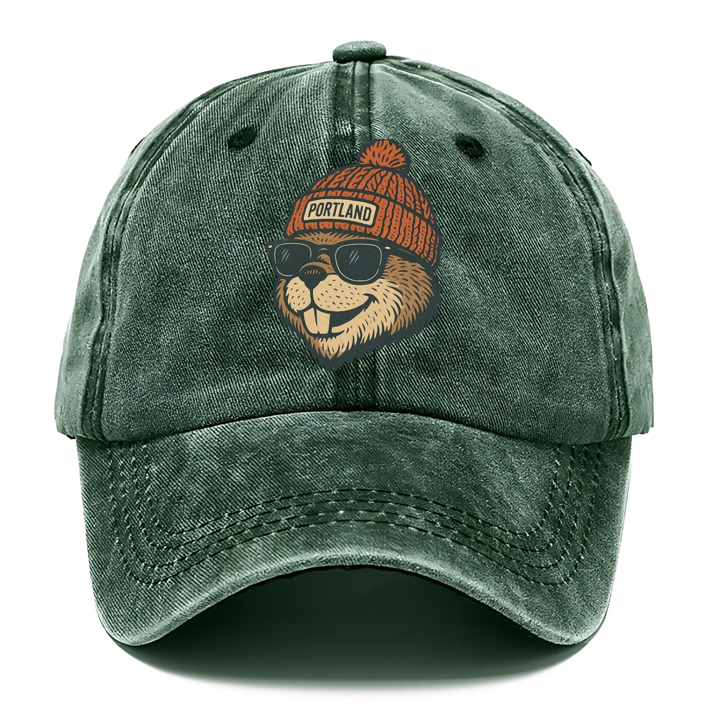 Oregon Beaver wearing Portland beanie with pom pom and wayfarer sunglasses - Classic Cap - Forest Mist(Green)