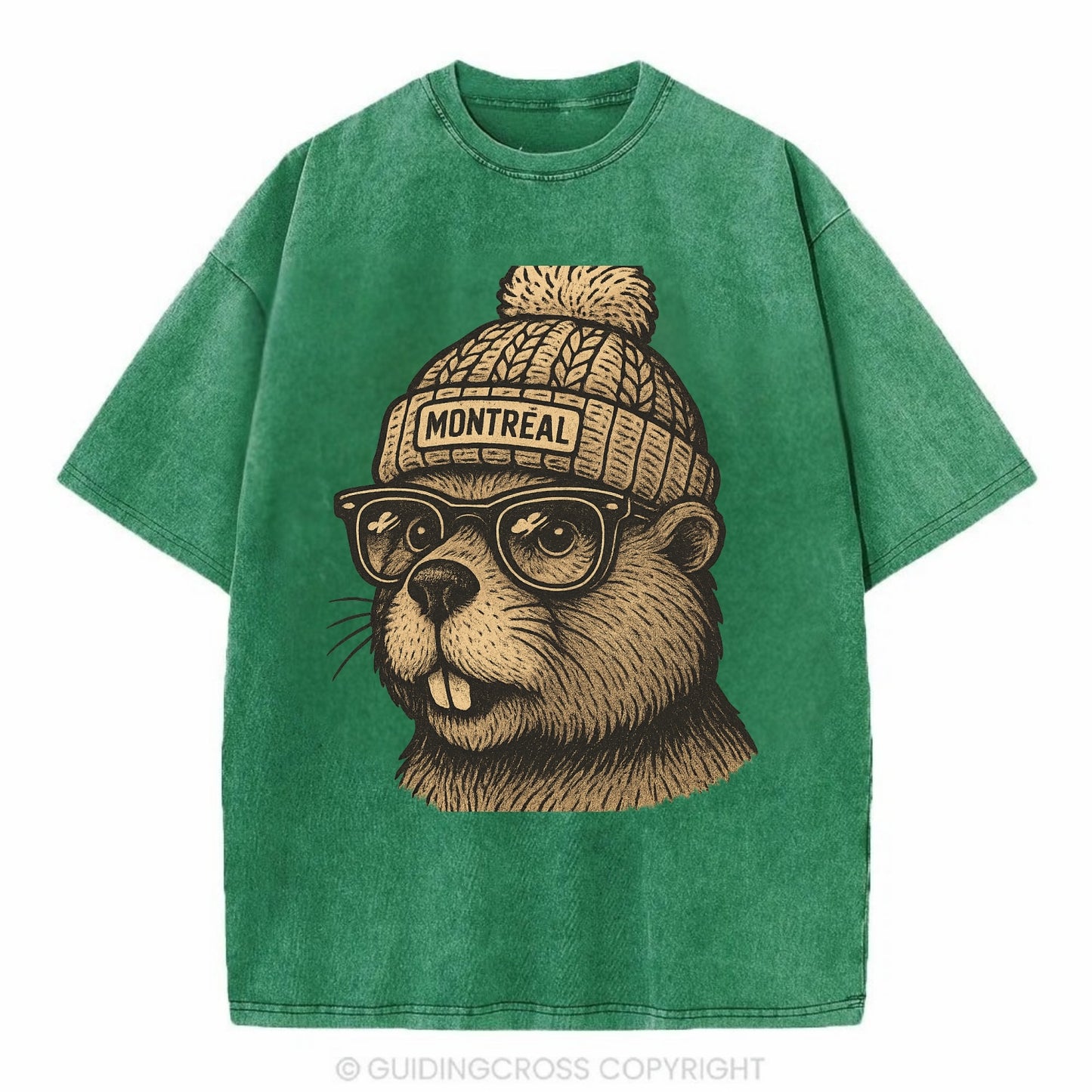 Montreal Beaver wearing Montreal beanie with pom pom and wayfarer sunglasses - Vintage T-shirt - Forest Mist(Green)