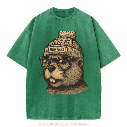 Montreal Beaver wearing Montreal beanie with pom pom and wayfarer sunglasses - Vintage T-shirt - Forest Mist(Green)