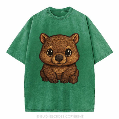 Baby Wombat - brown fur, square nose, small ears, dark eyes, front-facing, cube - Vintage T-shirt - Forest Mist(Green)