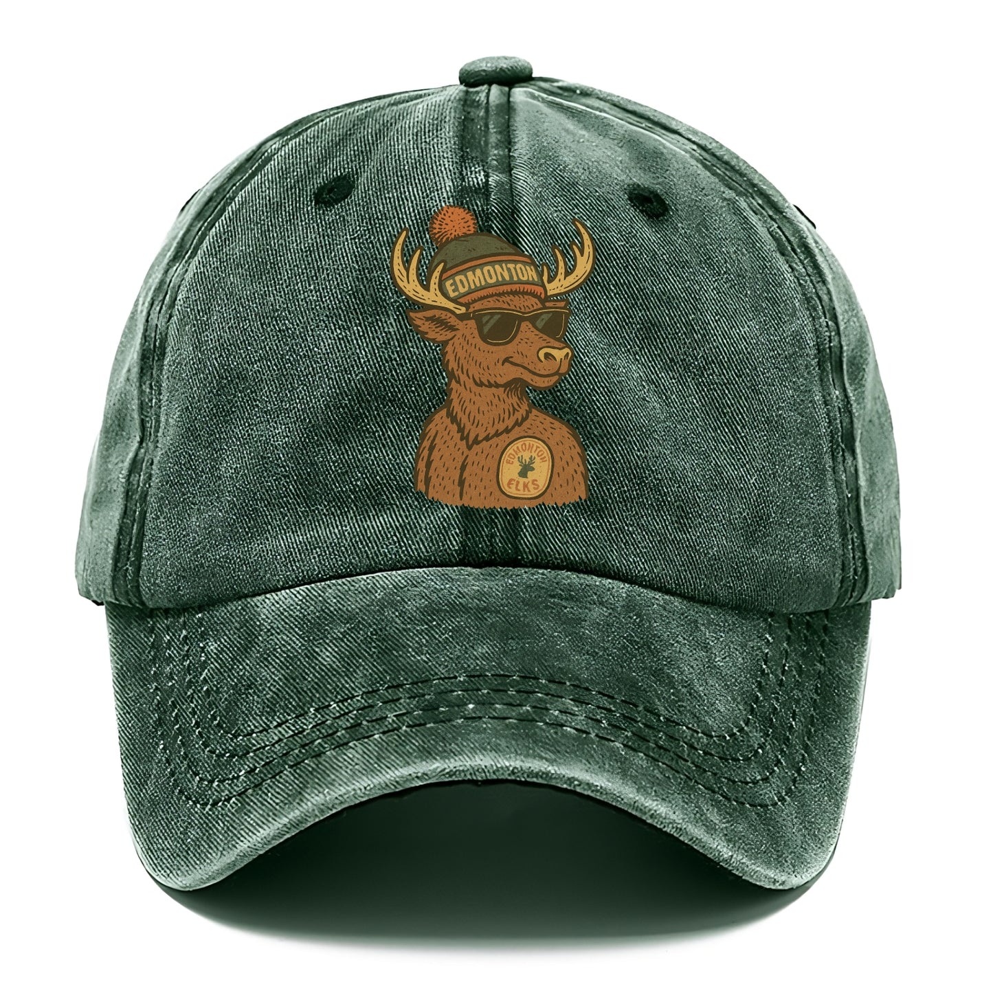 Edmonton Elk wearing Edmonton beanie with pom pom and wayfarer sunglasses - Classic Cap - Forest Mist(Green)